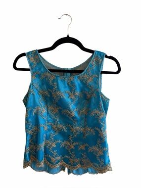 Vintage Y2K Blue Mesh Embroidered Floral Sleeveless Top Rosette Sheer Women’s S